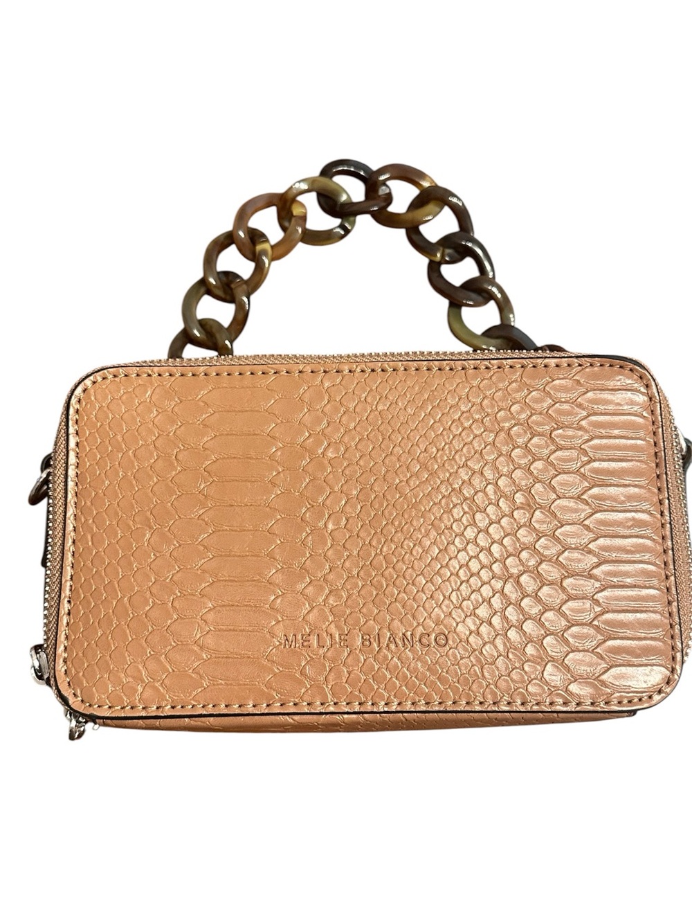 Melie Bianco Tan Brown Snakeskin-textured Clutch Handbag with Thick Chain Handle